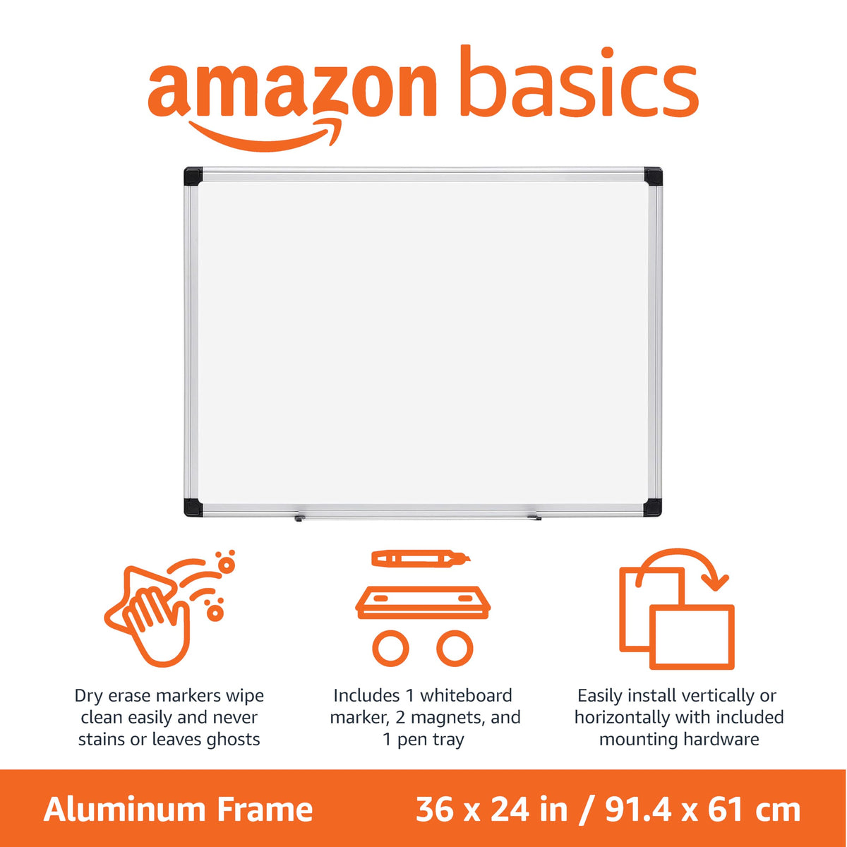 Magnetic Dry Erase Whiteboard, 36"W x 24"H