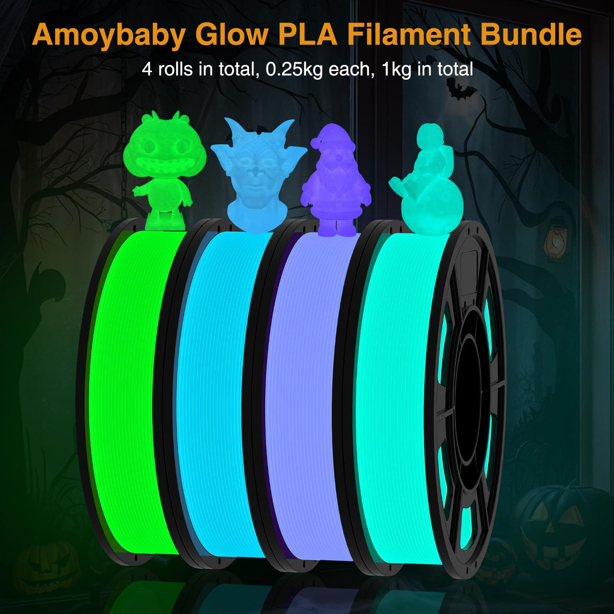 PLA Glow in The Dark Filament Bundle | 4-Pack(250g per Spool, 1Kg Total) |