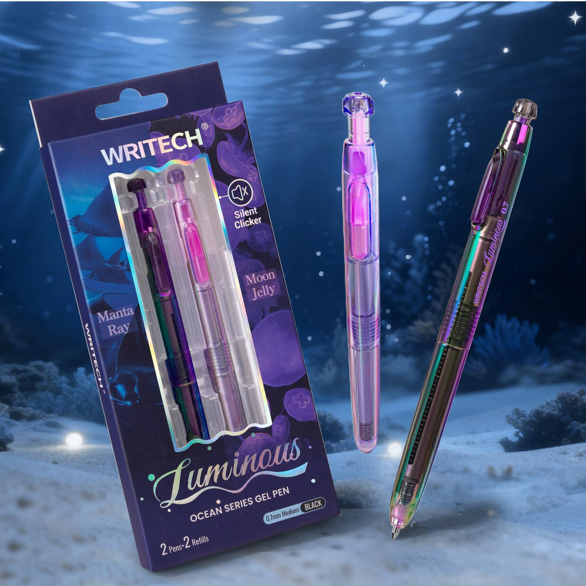 WRITECH Gel Pens Medium Point: Luminous pen set 0.7mm, Black Ink, Includes 2 Pens and 2 Refills