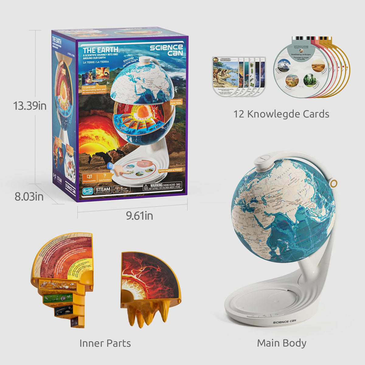 Science Can- Openable Globe for Kids, 8 Inch Interactive World Globe, Talking Model with Knowledge & Quiz Mode, Bilingual