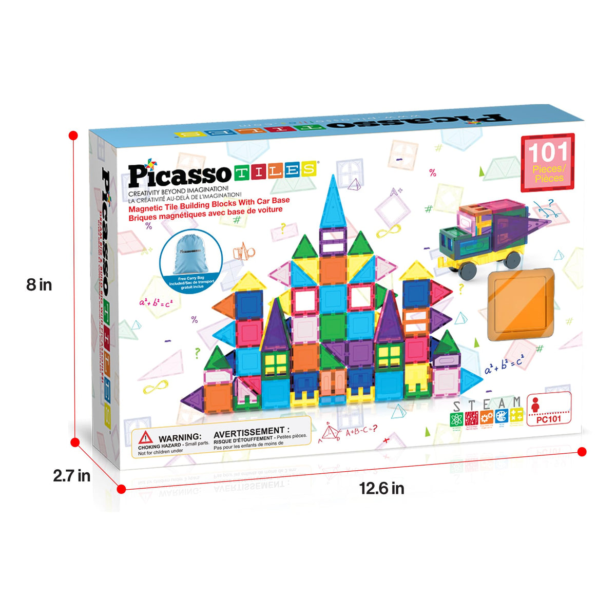 PicassoTiles 101 PCs Magnetic Tiles Building Blocks with Car & Drawstring Carry Bag