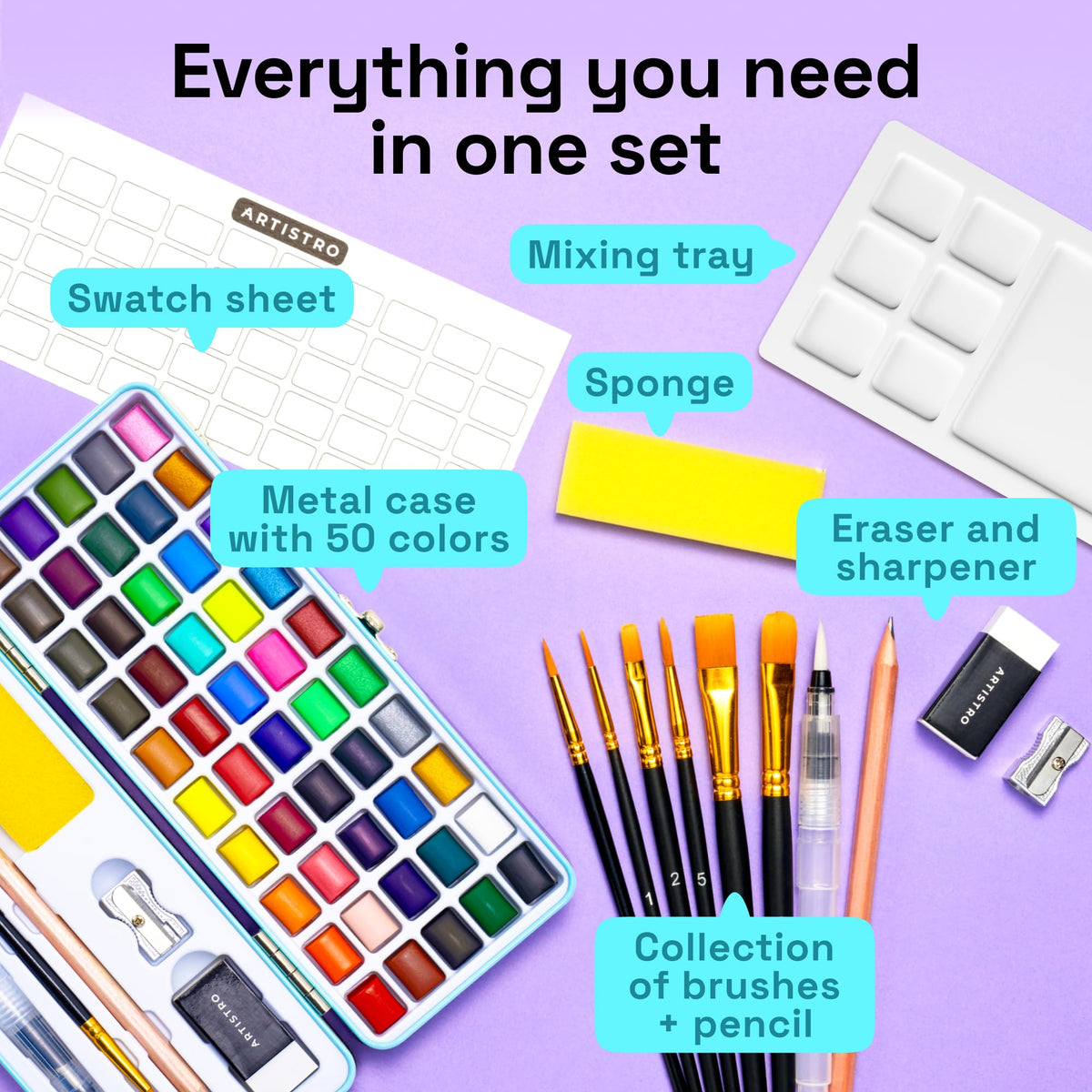 50 Watercolor Paint Set - Portable Paint Kit