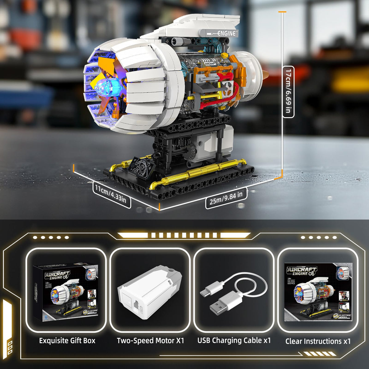 Aircraft Engine Building Kit for Adults, STEM Mini Engine Model with Motor & Hand Rocker, Compatible with Lego Airplane Set