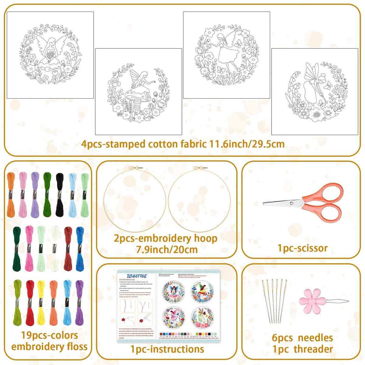 4 Set Embroidery Kit for Beginners, Fairy Patterns Cross Stitch Kits