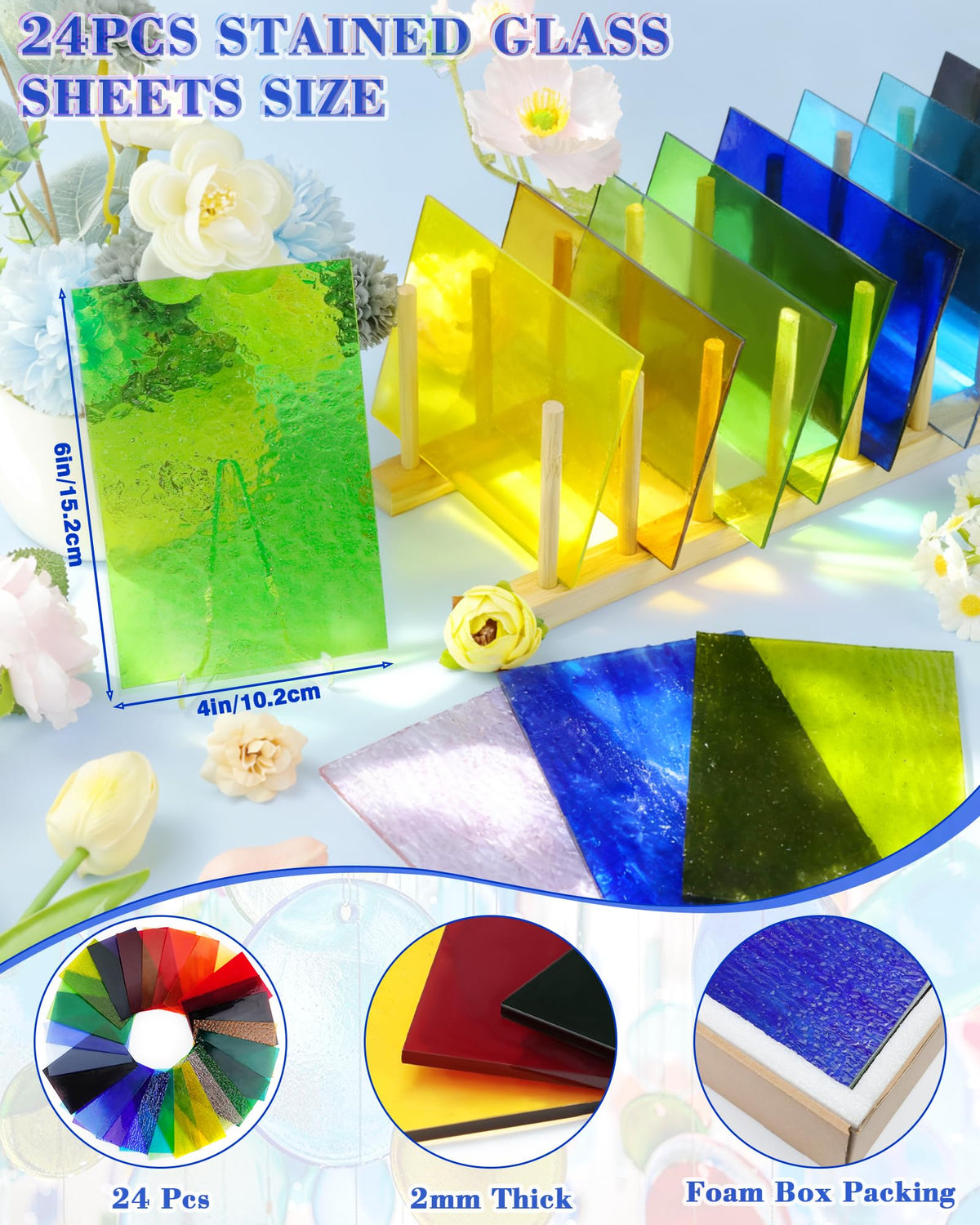 24 Sheets Rainbow Transparent Stained Glass Sheets 4x6 Inch