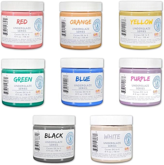 Penguin Pottery Underglaze for Ceramics - 8-Color Underglaze Set (4 oz Jars)