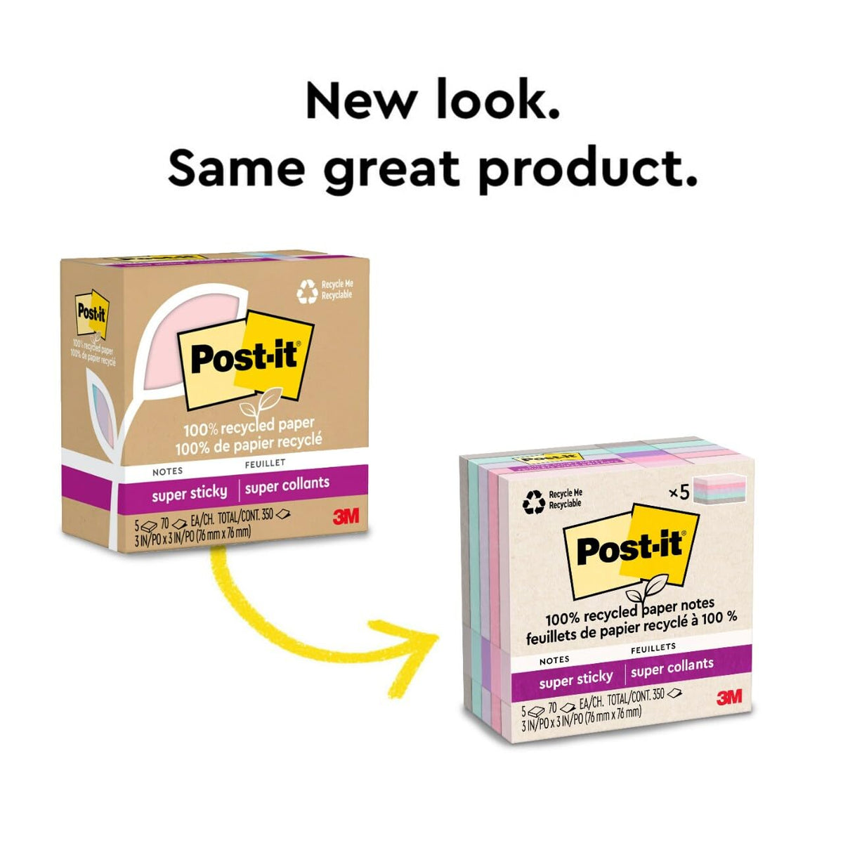 Post-it 100% Recycled Paper Super Sticky Notes, 3 in. x 3 in., 5 Pads, 70 Sheets per Pad, Wanderlust Pastels, School Supplies and Office Products