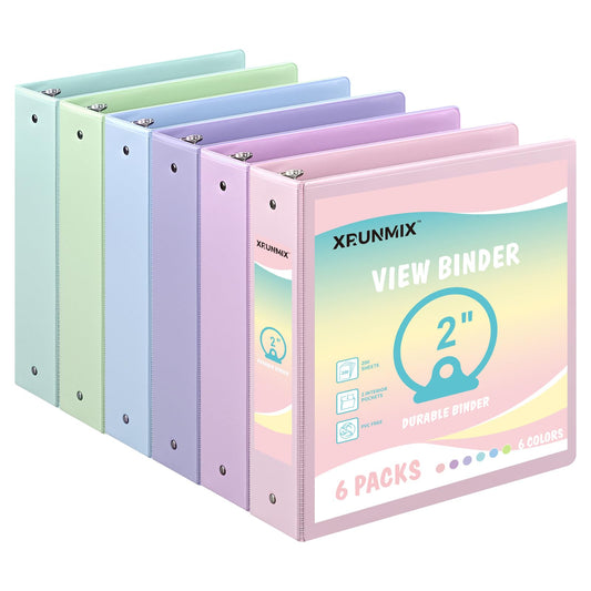 2-inch 3-Ring Binder with Pockets, 6 Pack, pastel