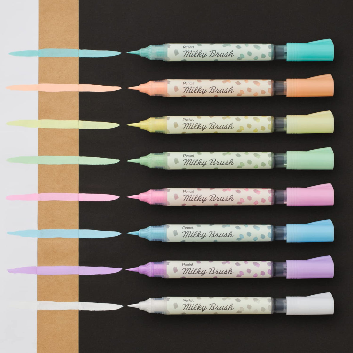 Pentel GFH-P8ST Milky Brush Colored Brush Pen, 8 Colors
