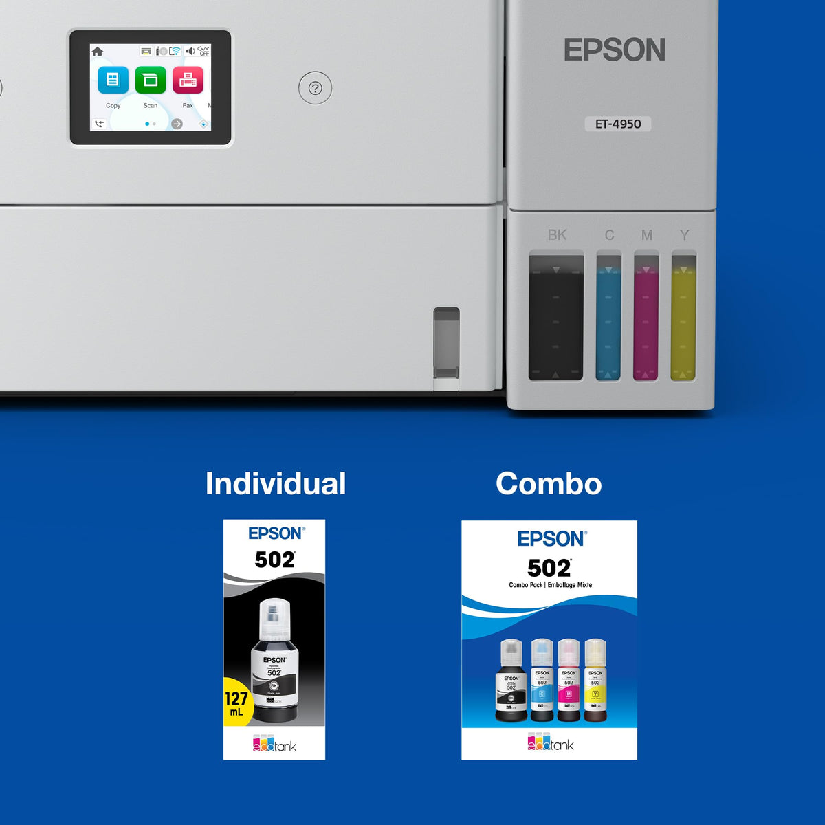 EPSON 502 EcoTank Ink Ultra-high Capacity Bottle Color Combo Pack Works with ET-2850, ET-2980, ET-2988, ET-3850, ET-3930, ET-3950, ET-4850, ET-4950 and other select EcoTank models