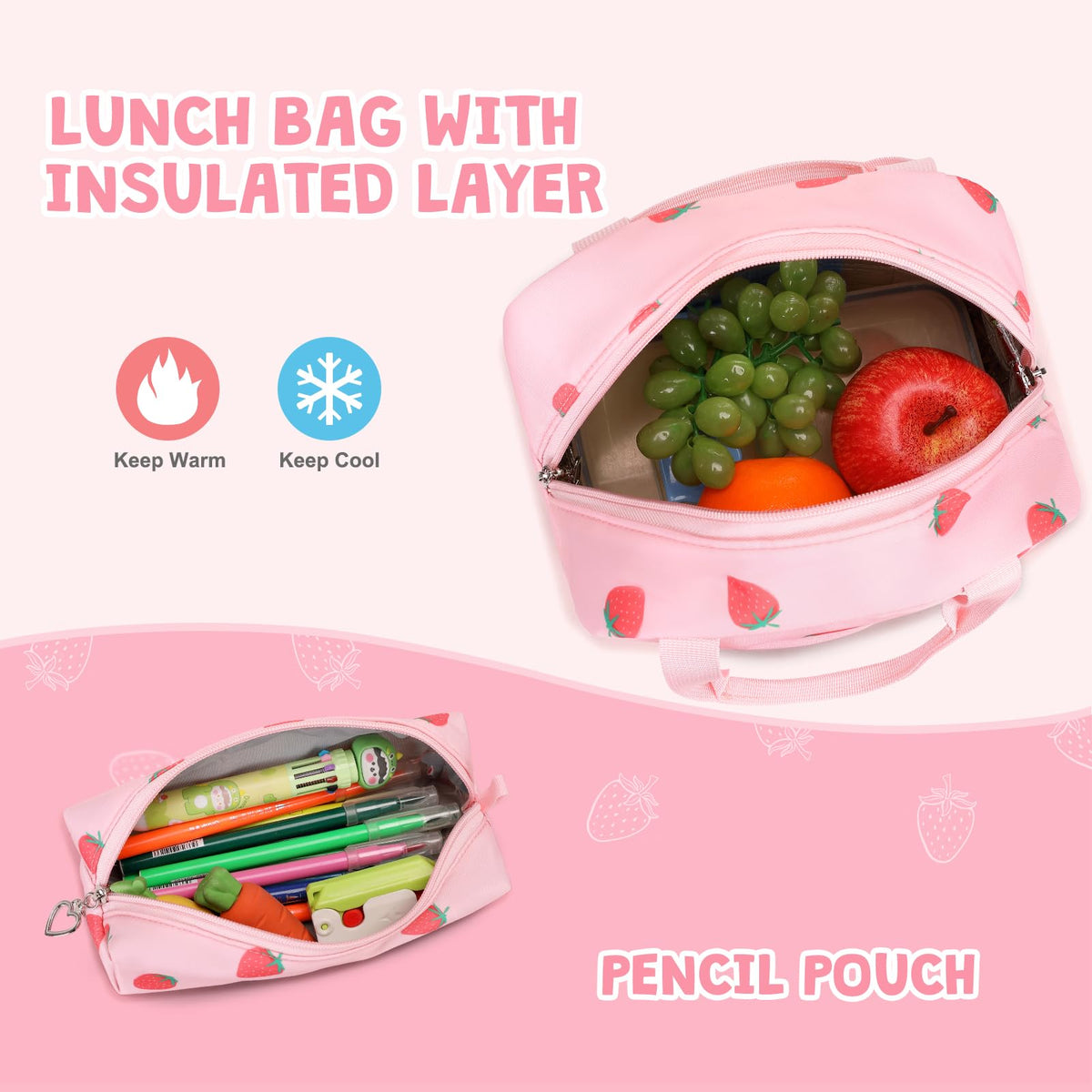 ACESAK Girls Backpack for School Set (Pink Strawberry)