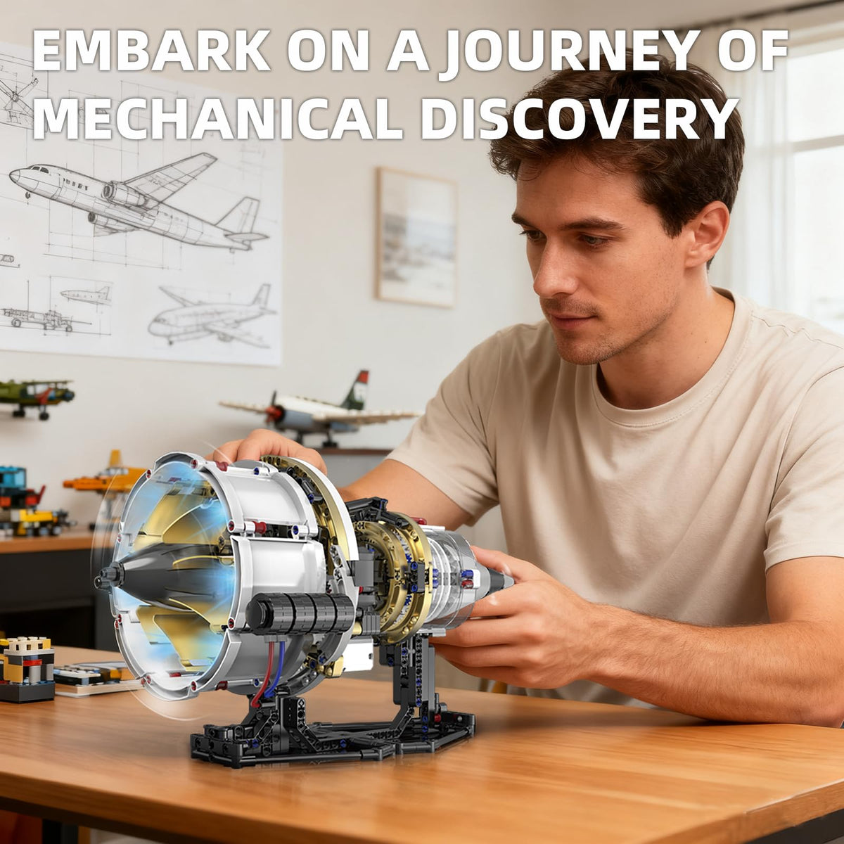 Suplanet Aircraft Engine Toys Building Sets, Turbofan Engine Model that Run with Motor and Lights