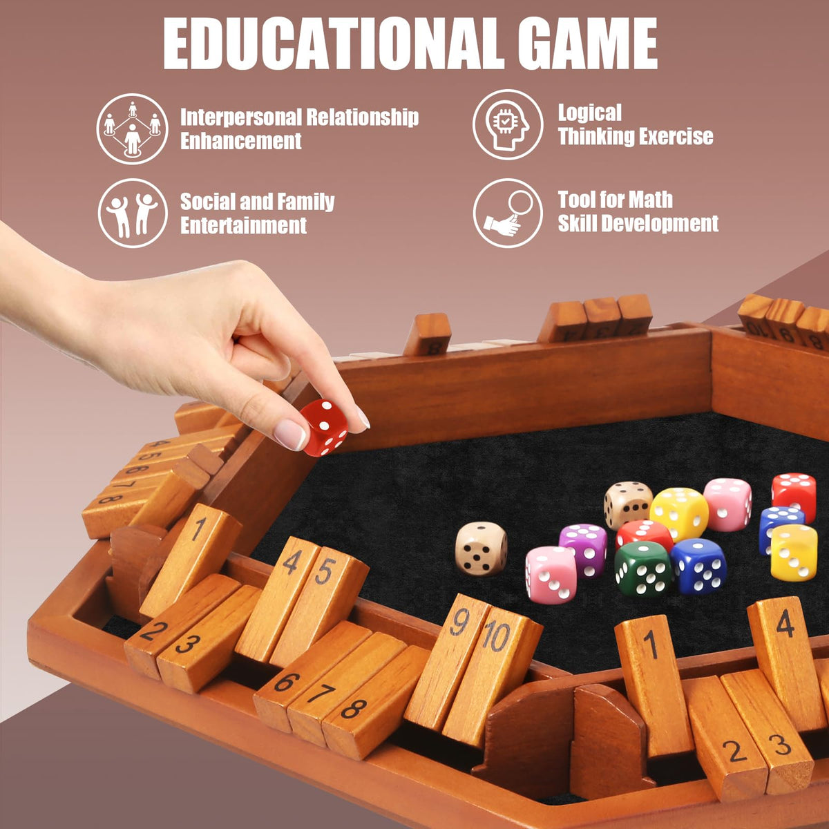 Shut The Box Dice Games, Wooden Board Table Math Game