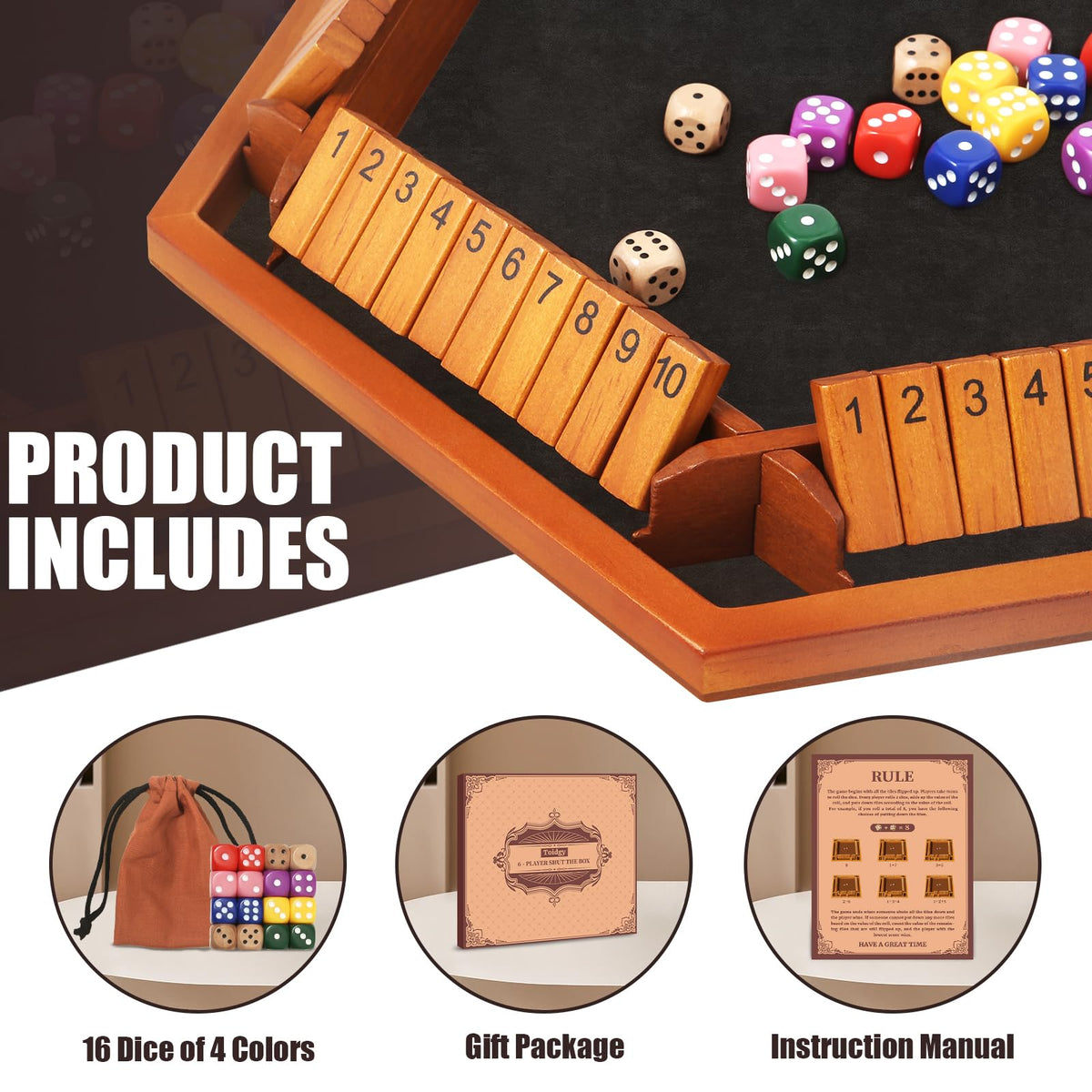 Shut The Box Dice Games, Wooden Board Table Math Game