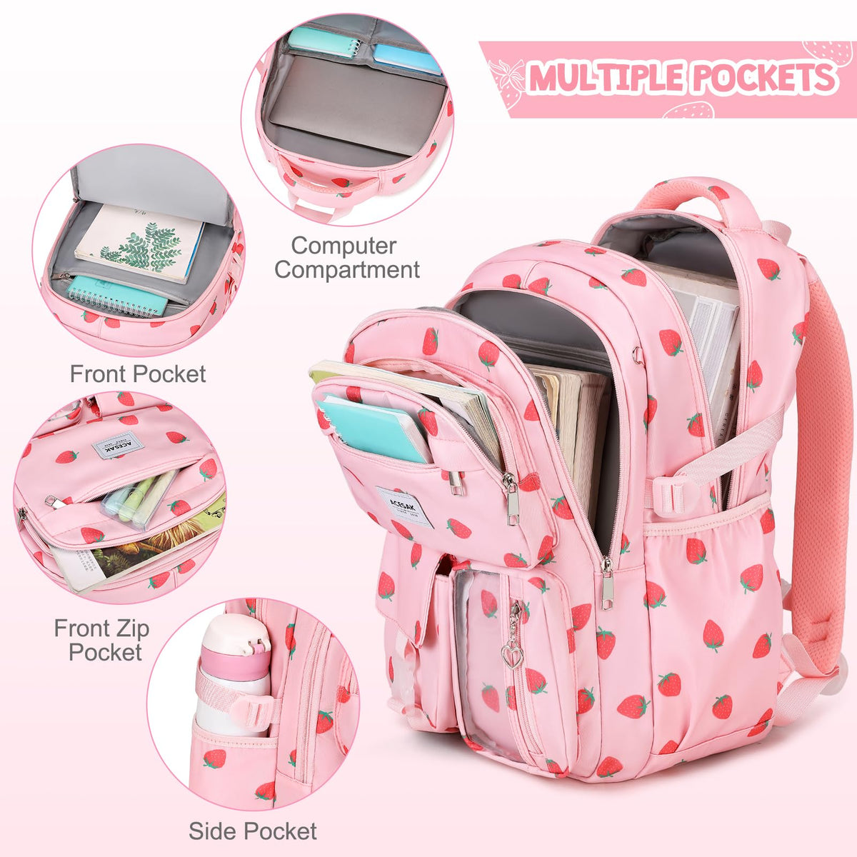 ACESAK Girls Backpack for School Set (Pink Strawberry)