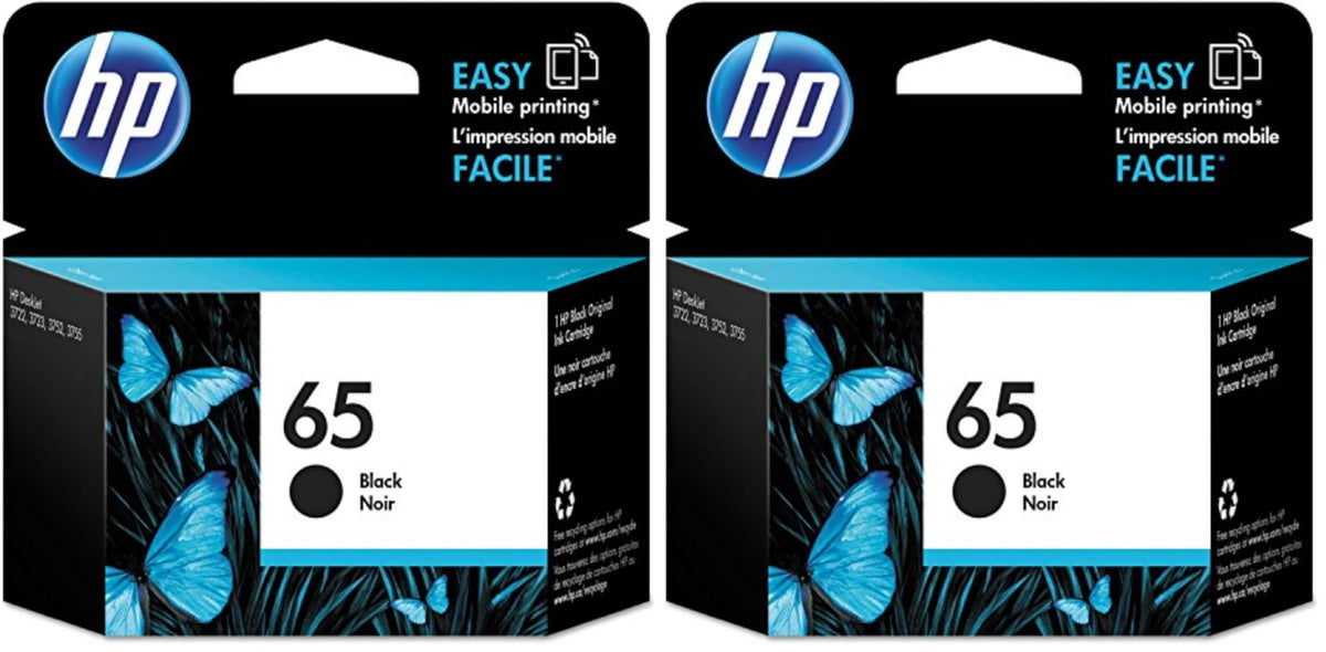 HP 65 Black Ink Cartridge, Works with AMP 100, DeskJet 2600, 3700; Envy 5000,  (Pack of 2)