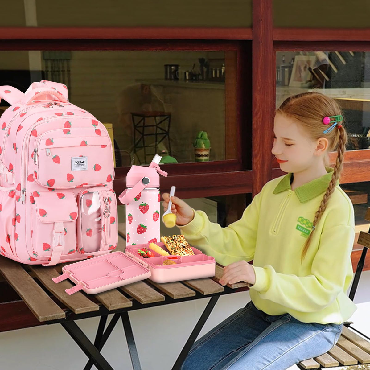 ACESAK Girls Backpack for School Set (Pink Strawberry)