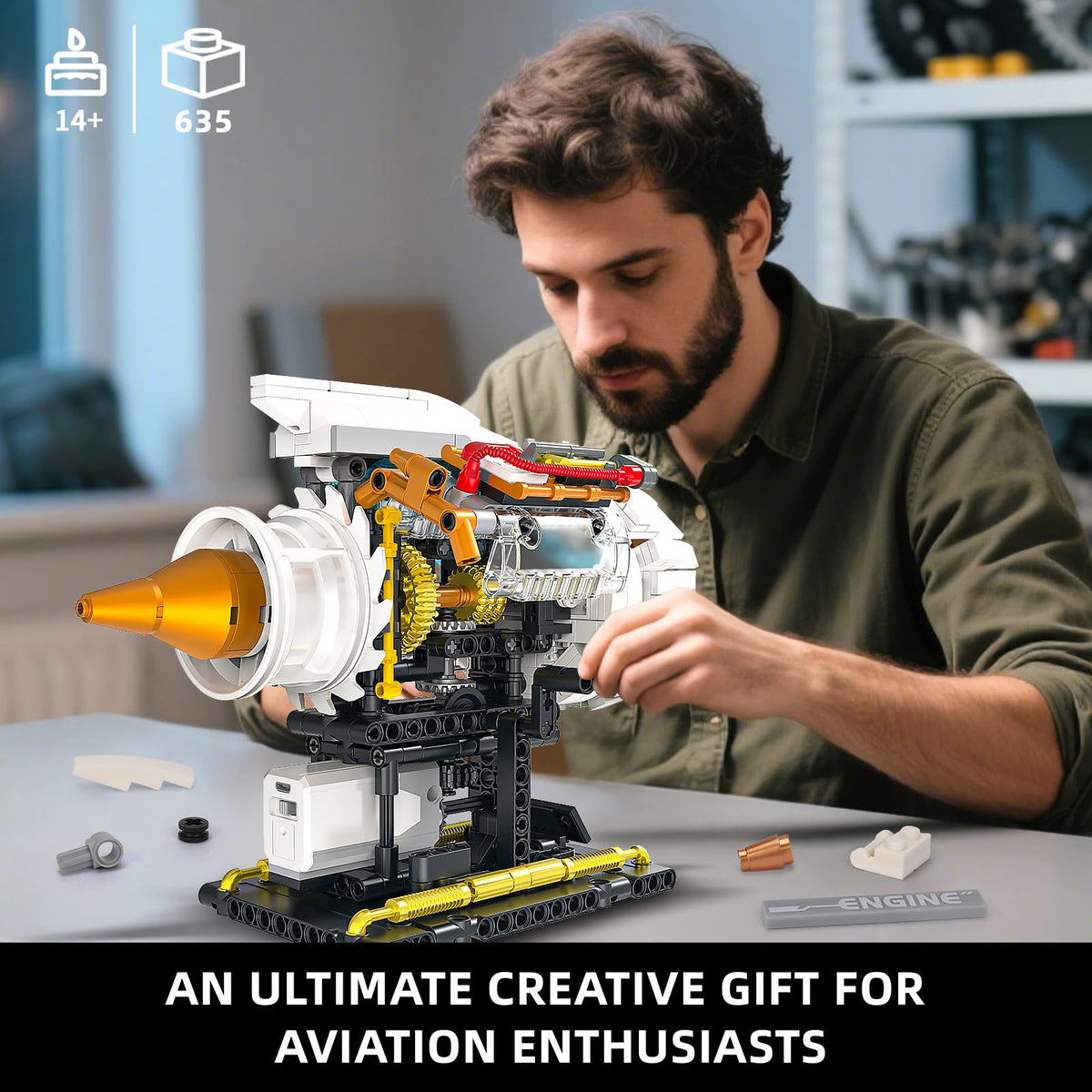 Aircraft Engine Building Kit for Adults, STEM Mini Engine Model with Motor & Hand Rocker, Compatible with Lego Airplane Set