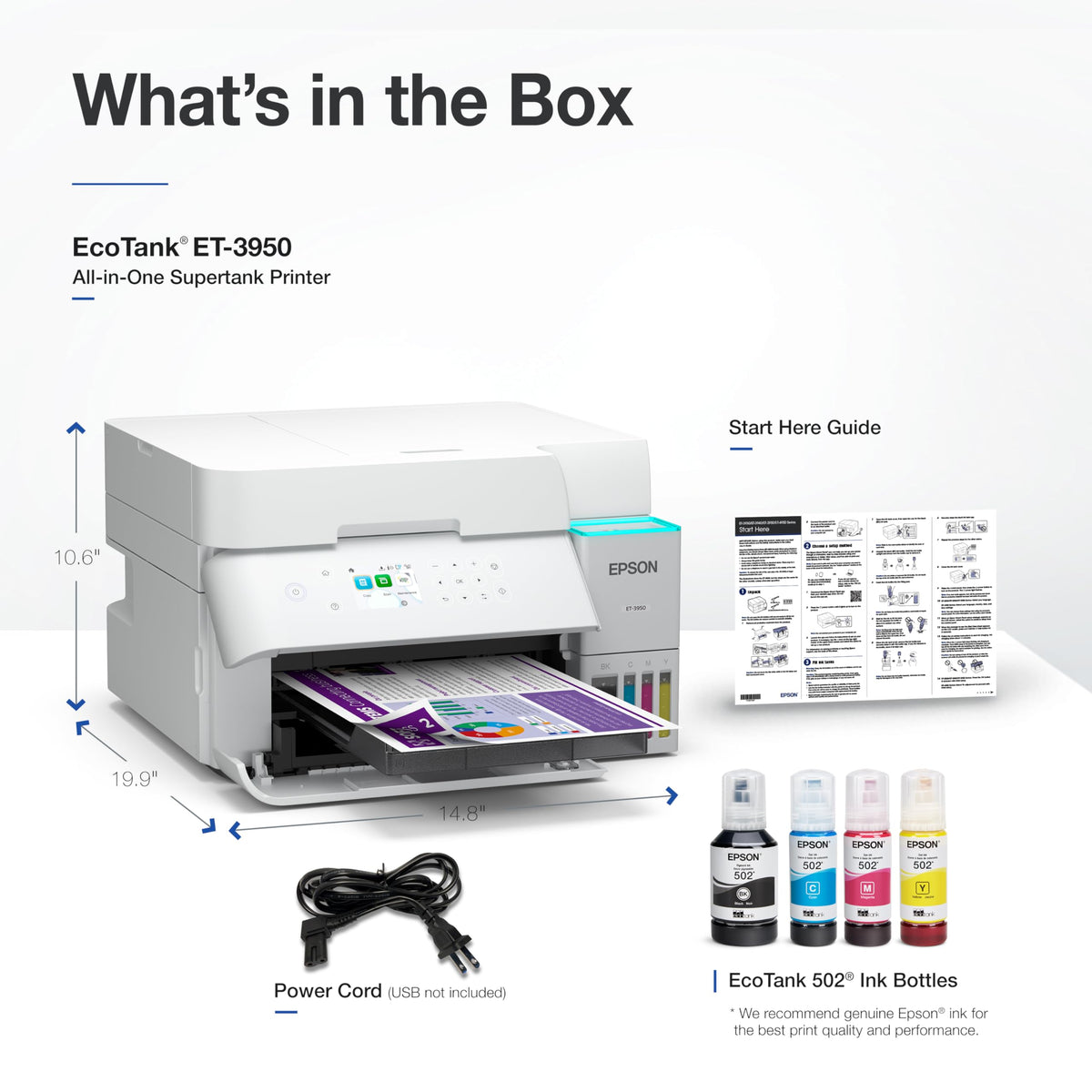 Epson EcoTank ET-3950 Wireless All-in-One Color Supertank Printer- White