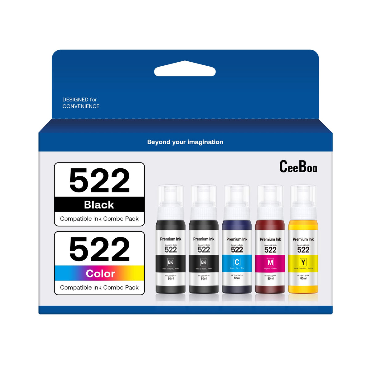 522 High Capacity (5 Bottles) Refill Ink Bottle Replacement for Use for EcoTank ET-2803 ET-2800 ET-2720 ET-4800 Printer