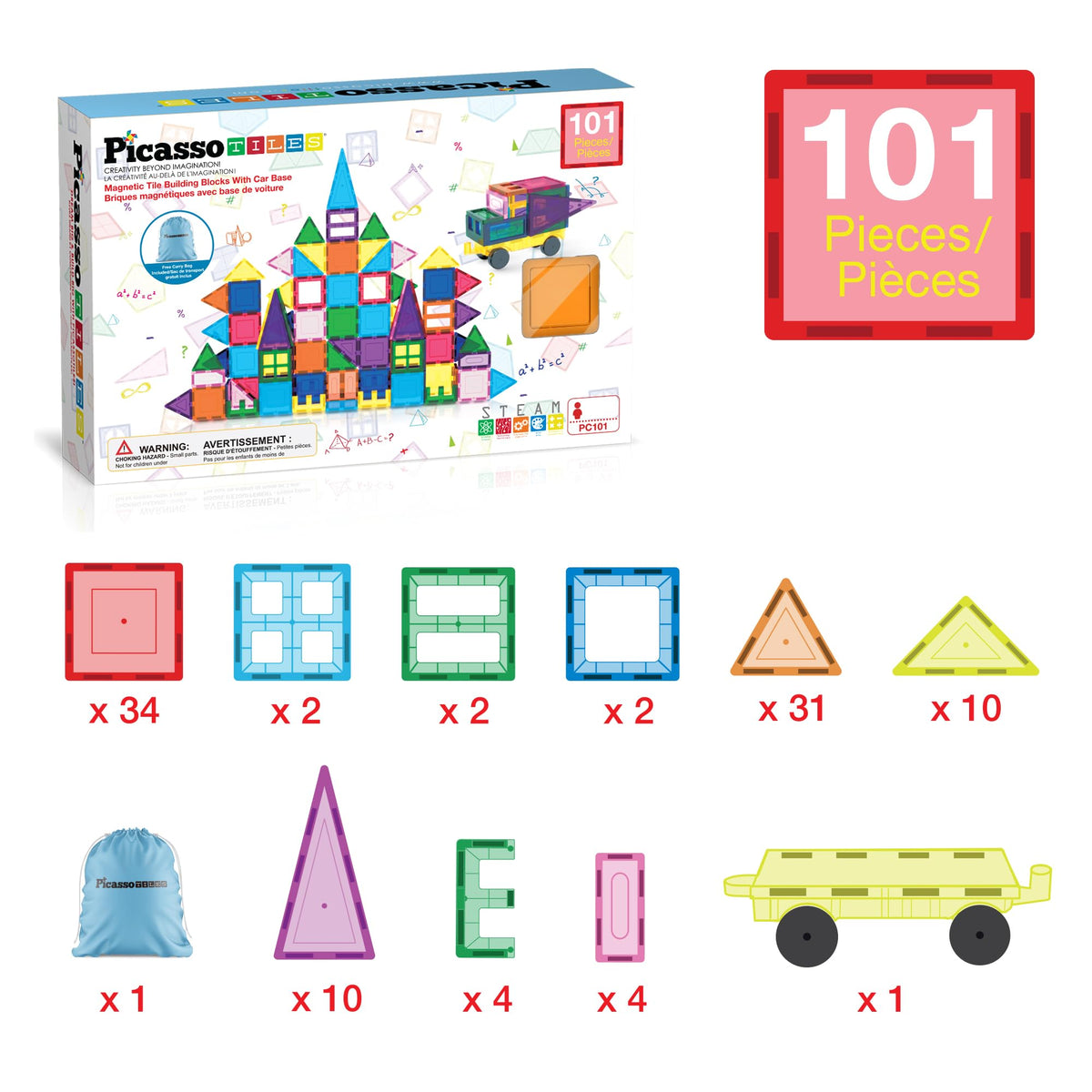 PicassoTiles 101 PCs Magnetic Tiles Building Blocks with Car & Drawstring Carry Bag