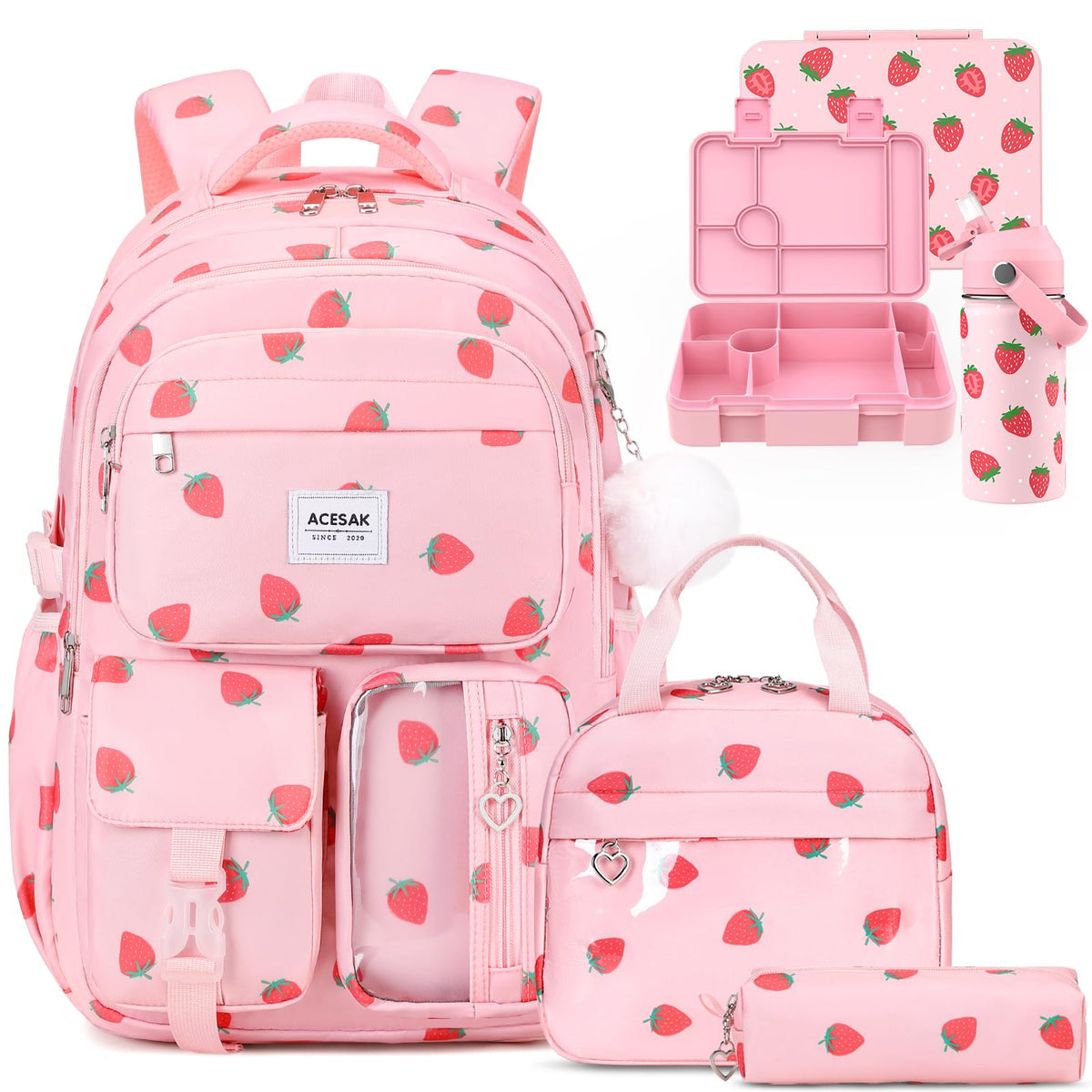 ACESAK Girls Backpack for School Set (Pink Strawberry)