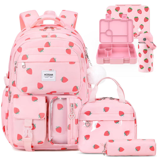 ACESAK Girls Backpack for School Set (Pink Strawberry)