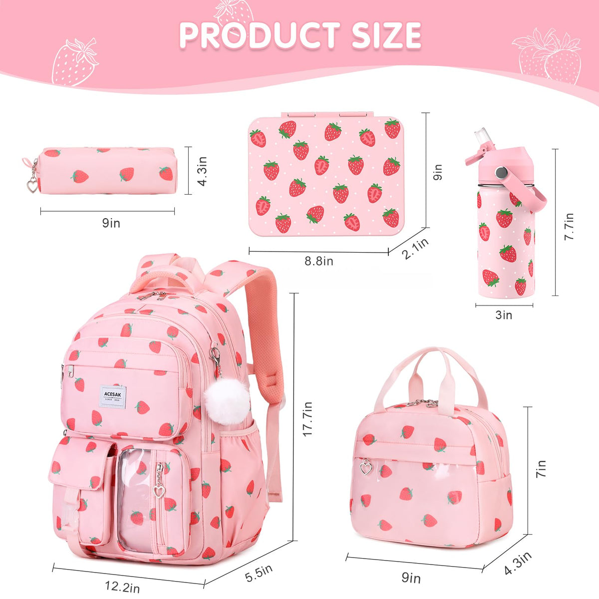 ACESAK Girls Backpack for School Set (Pink Strawberry)