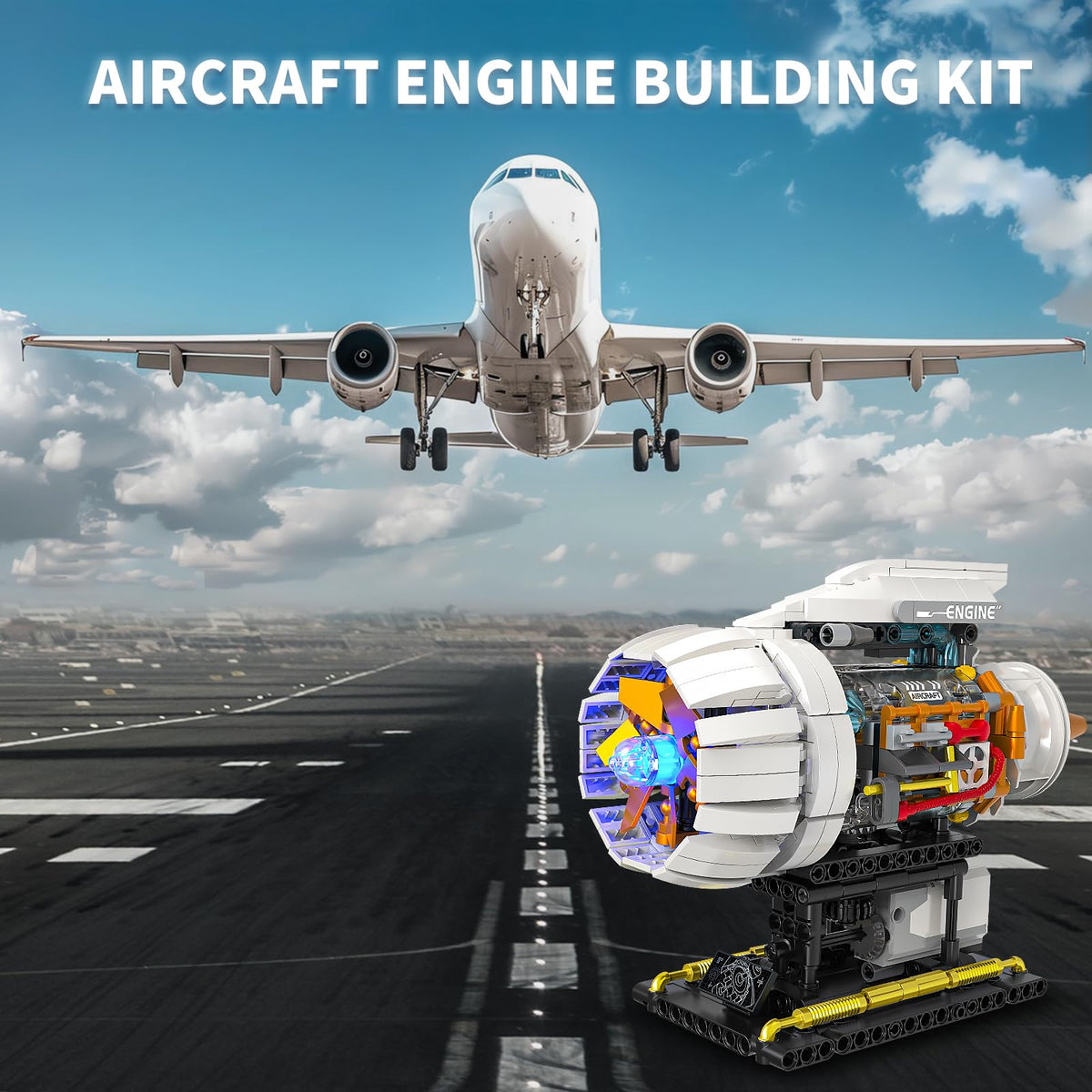Aircraft Engine Building Kit for Adults, STEM Mini Engine Model with Motor & Hand Rocker, Compatible with Lego Airplane Set