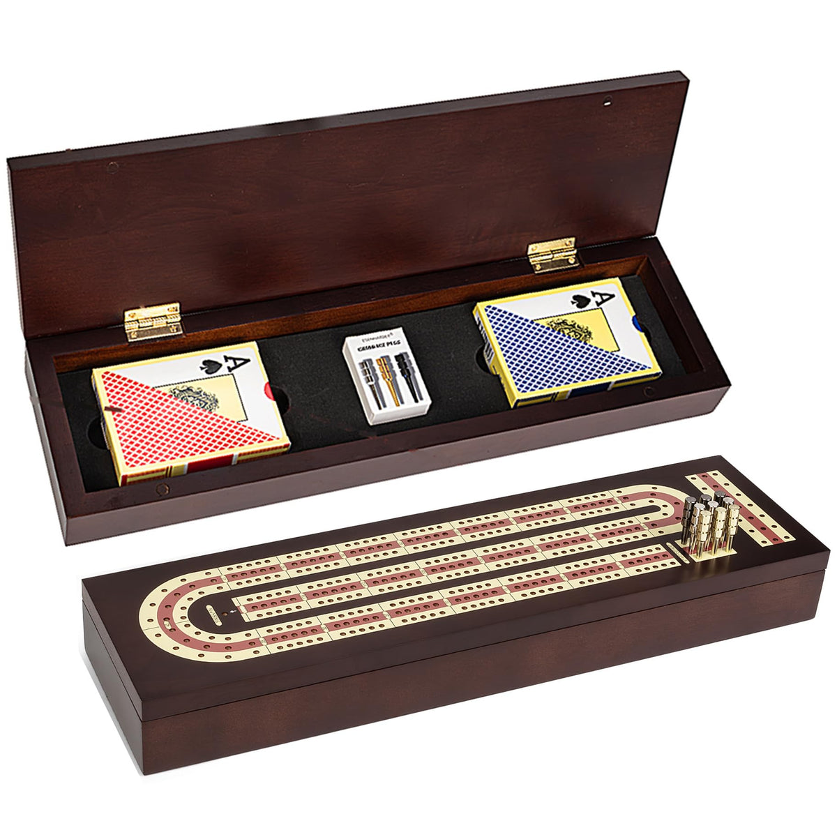 Cribbage Board Game Set, Wooden Board with Magnetic Lock and Metal Pegs
