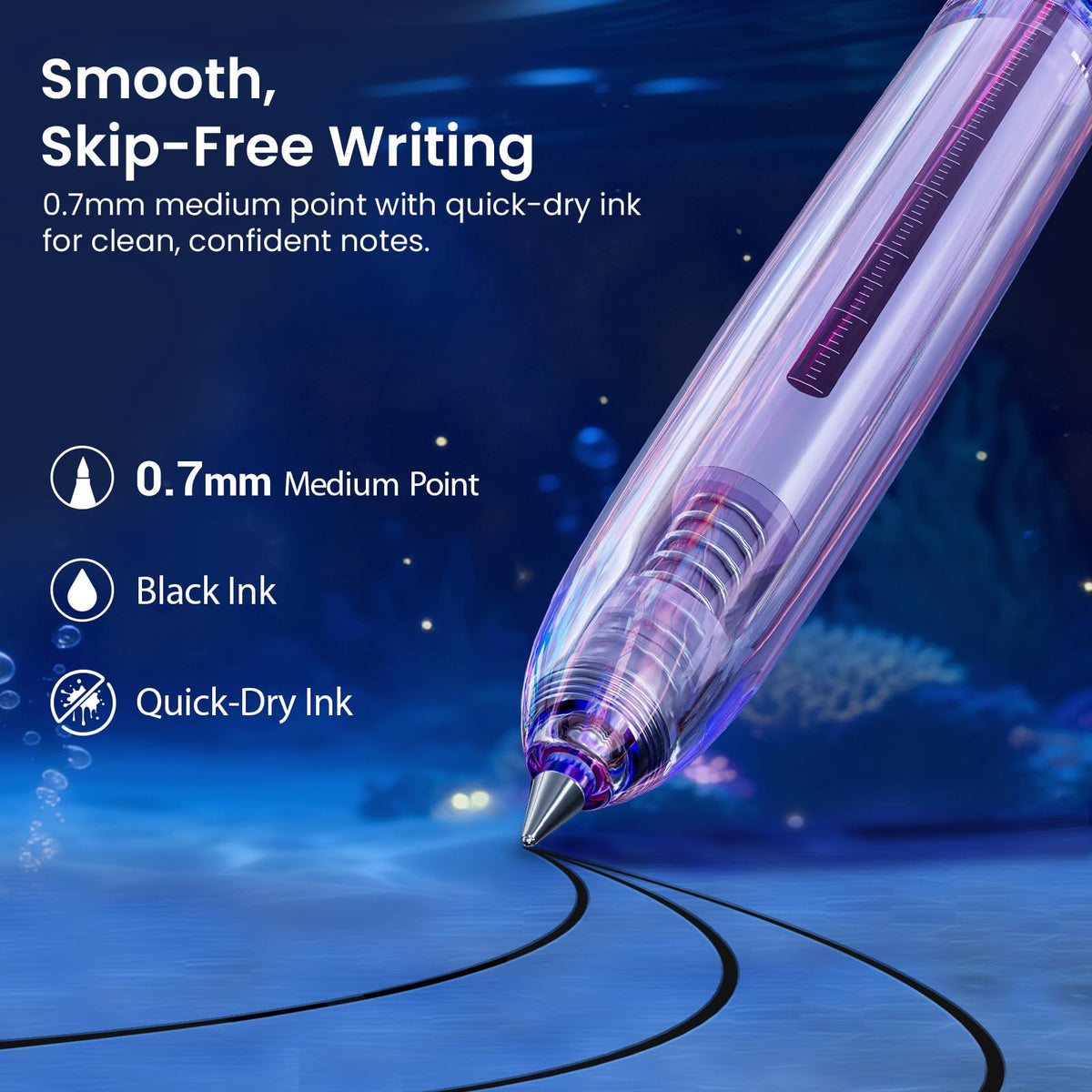 WRITECH Gel Pens Medium Point: Luminous pen set 0.7mm, Black Ink, Includes 2 Pens and 2 Refills