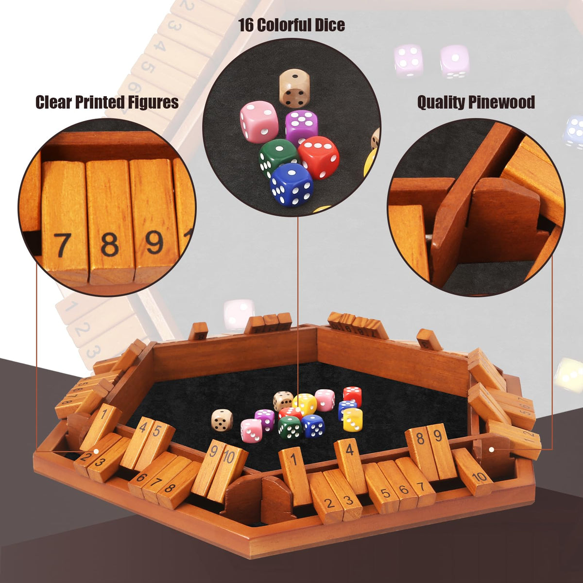 Shut The Box Dice Games, Wooden Board Table Math Game