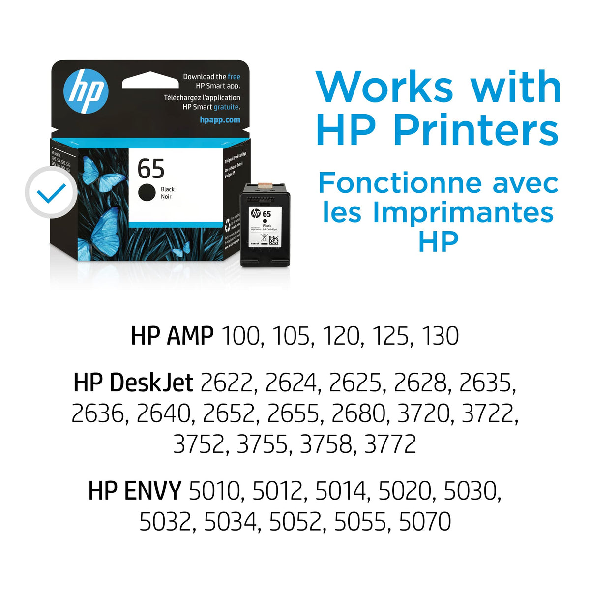 HP 65 Black Ink Cartridge, Works with AMP 100, DeskJet 2600, 3700; Envy 5000,  (Pack of 2)