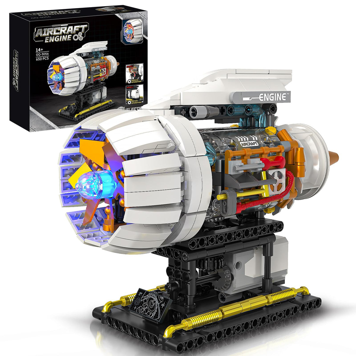 Aircraft Engine Building Kit for Adults, STEM Mini Engine Model with Motor & Hand Rocker, Compatible with Lego Airplane Set