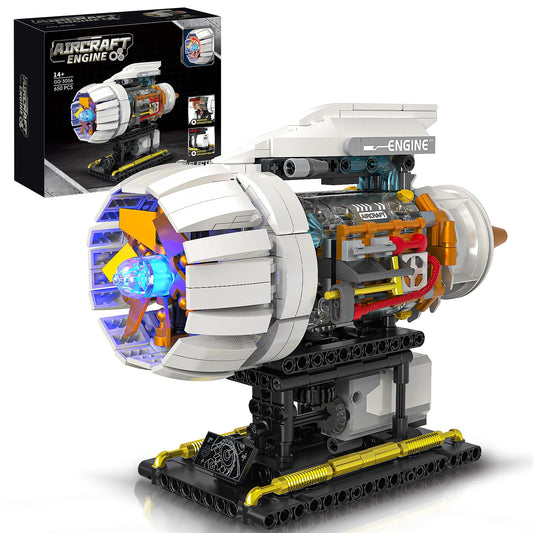 Aircraft Engine Building Kit for Adults, STEM Mini Engine Model with Motor & Hand Rocker, Compatible with Lego Airplane Set
