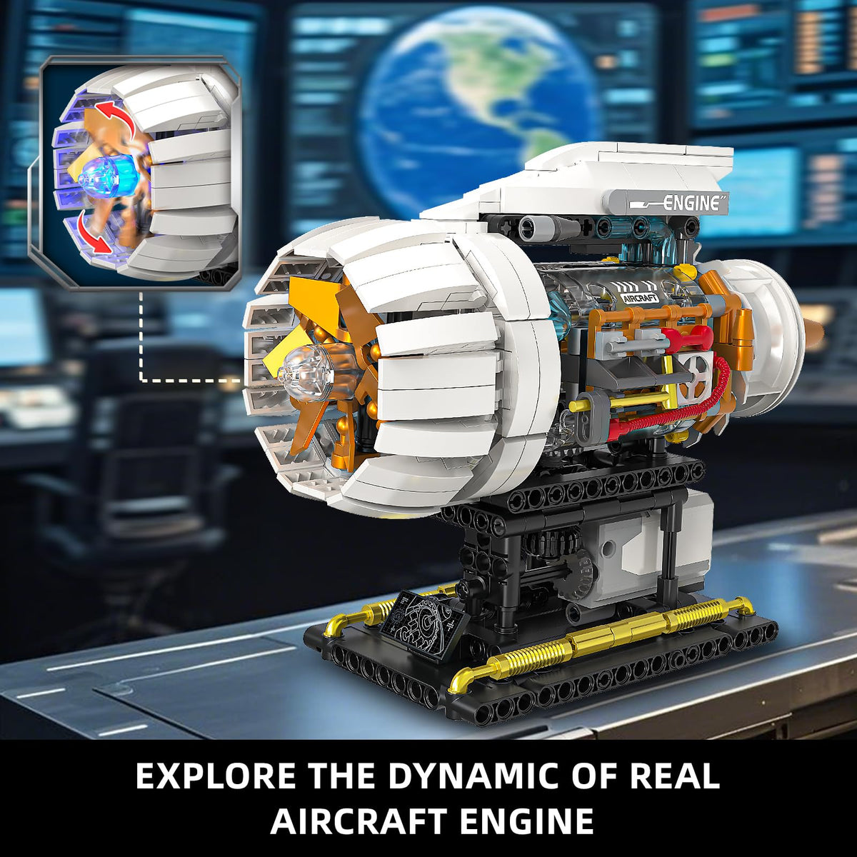 Aircraft Engine Building Kit for Adults, STEM Mini Engine Model with Motor & Hand Rocker, Compatible with Lego Airplane Set