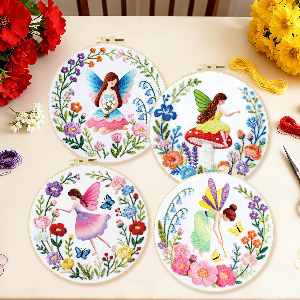 4 Set Embroidery Kit for Beginners, Fairy Patterns Cross Stitch Kits