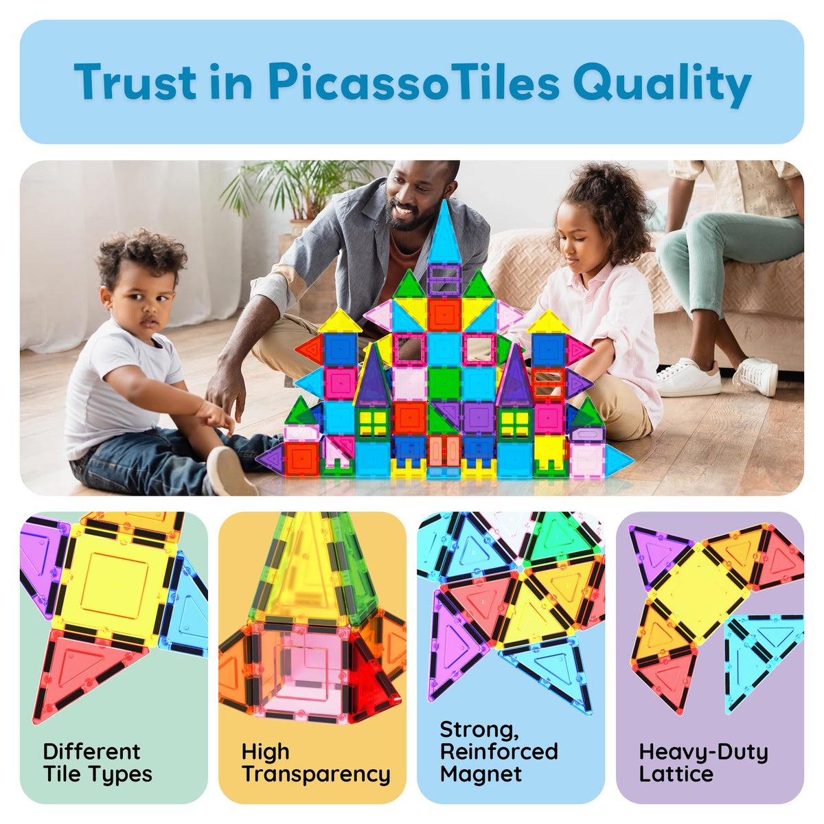 PicassoTiles 101 PCs Magnetic Tiles Building Blocks with Car & Drawstring Carry Bag
