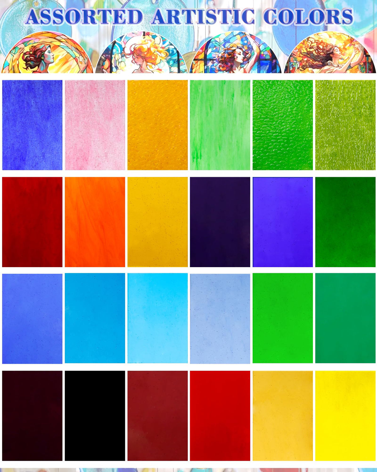 24 Sheets Rainbow Transparent Stained Glass Sheets 4x6 Inch