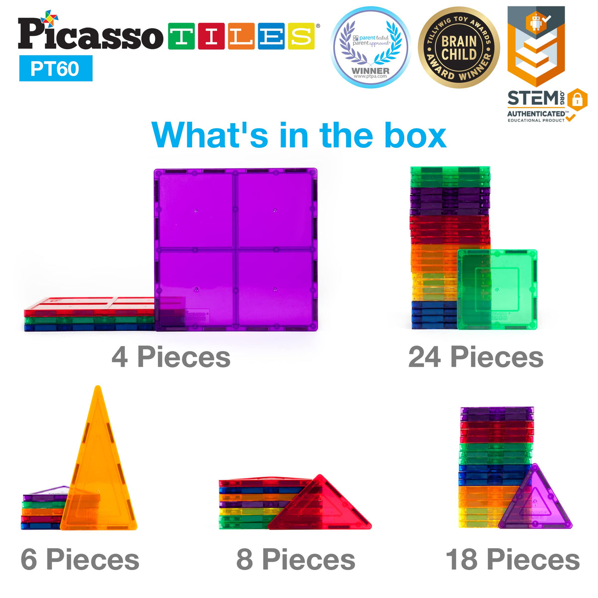 PicassoTiles 60PC Magnetic Tiles + Carry Case Bundle: STEAM Educational