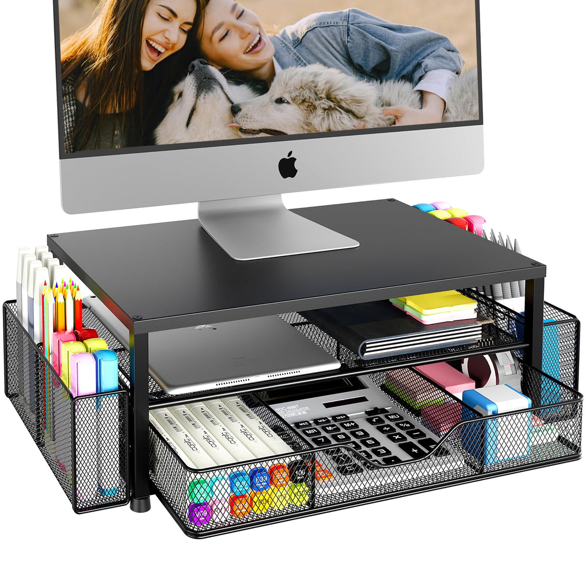 Desk Organizer and Accessories, 2-Tier Computer Monitor Stand Riser with Drawer and 2 Pen Holders, Laptop Stand, Office Desk Accessories for Office Supplies, Black