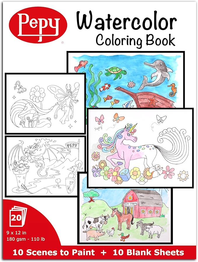Watercolor Coloring Book 20 Sheets Total with 10 Plain and 10 Pre-Printed Design Sheets; 9 inches by 12 inches