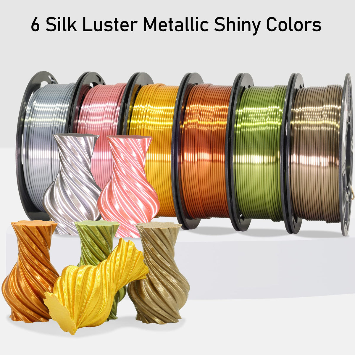 6 Spools 1.75mm Silk PLA 3D Printer Filament Bundle, 6 Metallic Shiny Colors