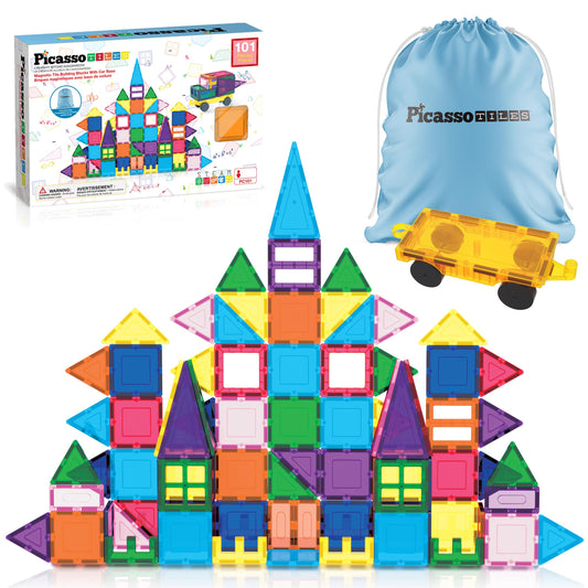 PicassoTiles 101 PCs Magnetic Tiles Building Blocks with Car & Drawstring Carry Bag