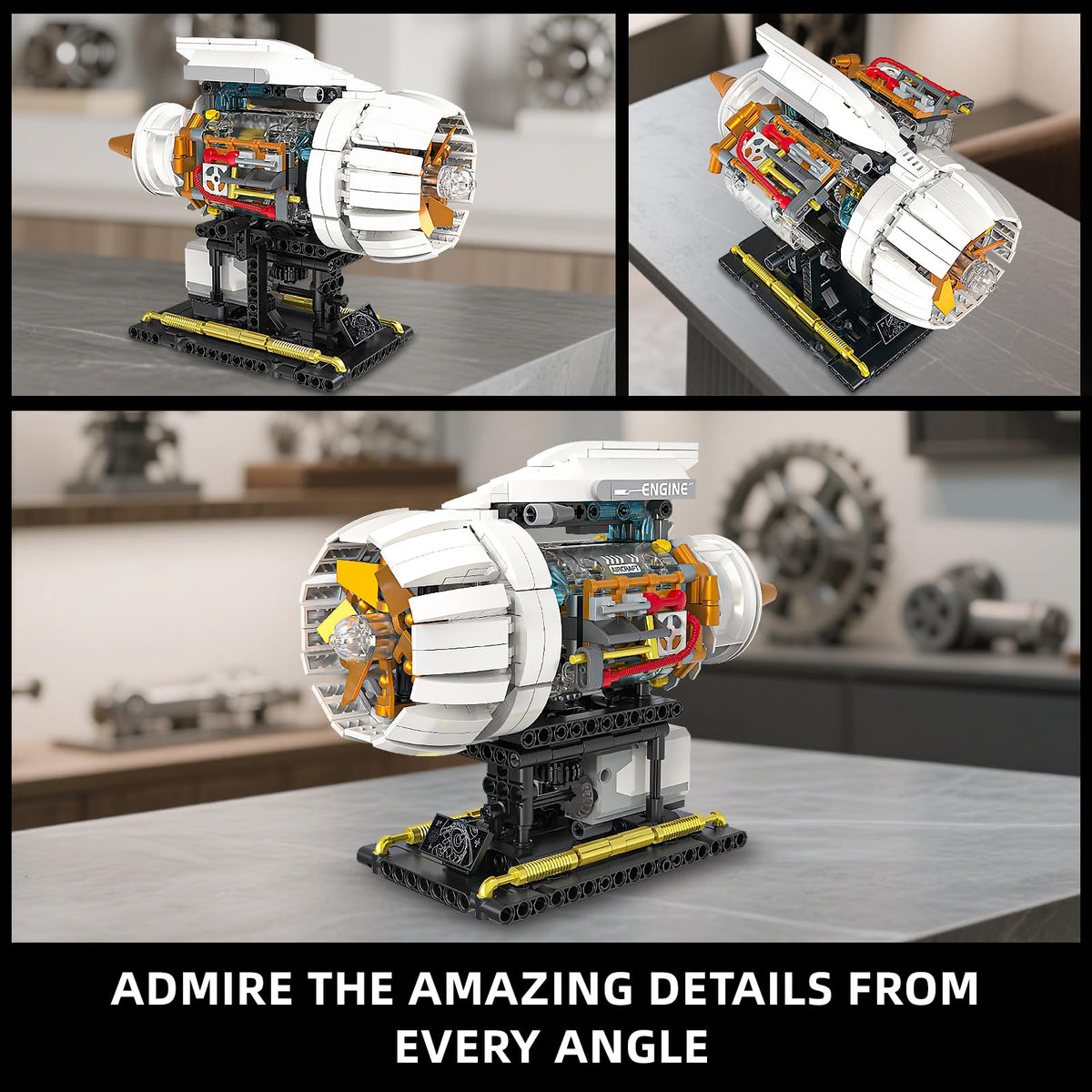 Aircraft Engine Building Kit for Adults, STEM Mini Engine Model with Motor & Hand Rocker, Compatible with Lego Airplane Set