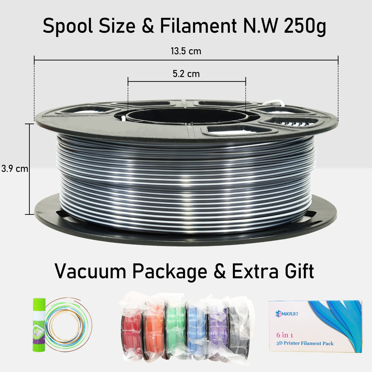 Dual Color 1.75mm 3D Printer Filament Bundle, Silk PLA 6 Spools Pack - White Red, Orange, Green, Blue, Purple, Black - 3D Printing PLA 250g X 6 Spools