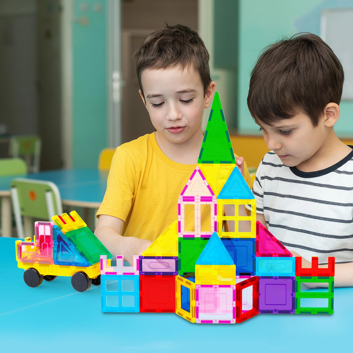 PicassoTiles 101 PCs Magnetic Tiles Building Blocks with Car & Drawstring Carry Bag
