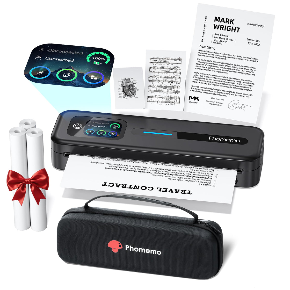 Portable Printer with Touchscreen for Travel with a Carry Case and 3 Rolls of Thermal Paper