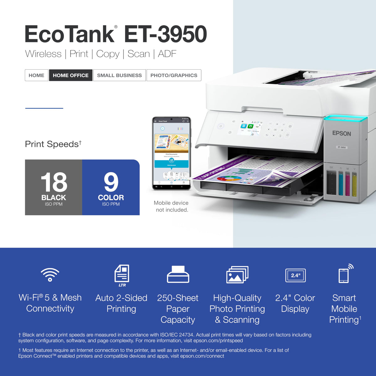 Epson EcoTank ET-3950 Wireless All-in-One Color Supertank Printer- White