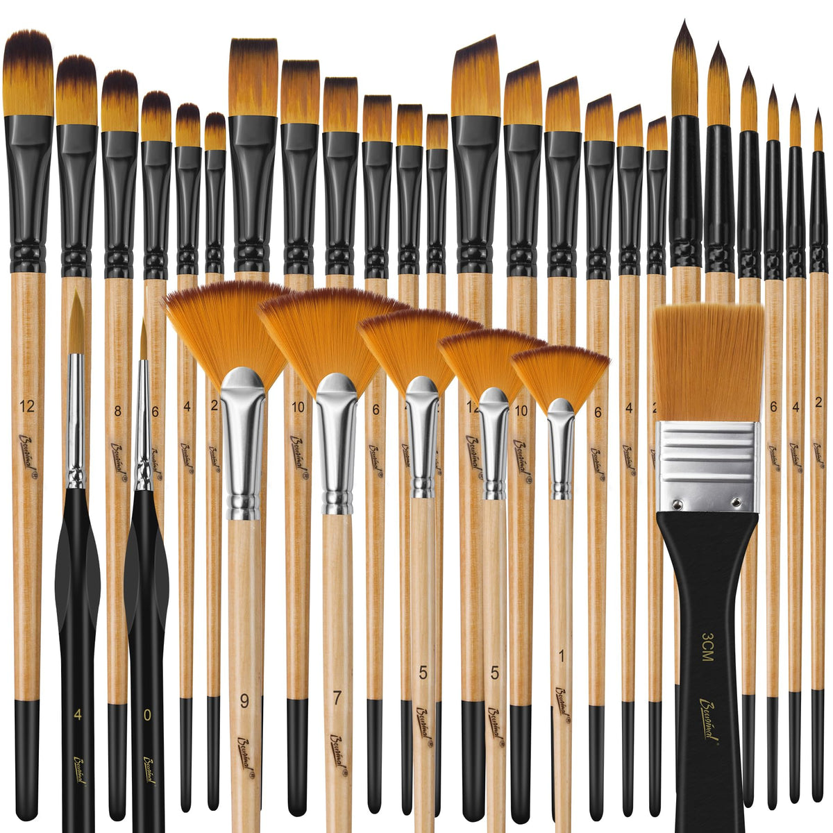 32 Pcs Paint Brush Set, Artist Paint Brushes for Acrylic Painting, Oil, Watercolor, Gouache, with Flat Round Filbert Fan Angle Detail Brush, Suitable for Artists and Beginners